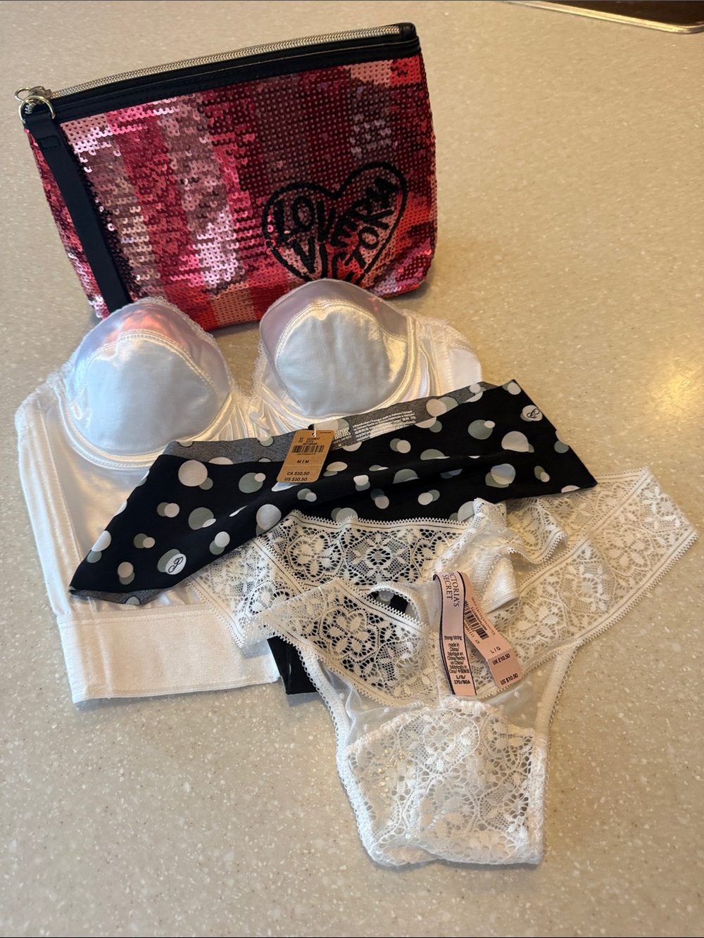 Victoria Secret Y2K Sequin Make Up Bag, Vintage Bra 34B & 2 NWT Underwear Bundle